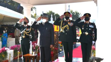 President of India Ramnath Kovind taking salute at the passing out parade at indian Military Academy, Dehradun on Saturday.