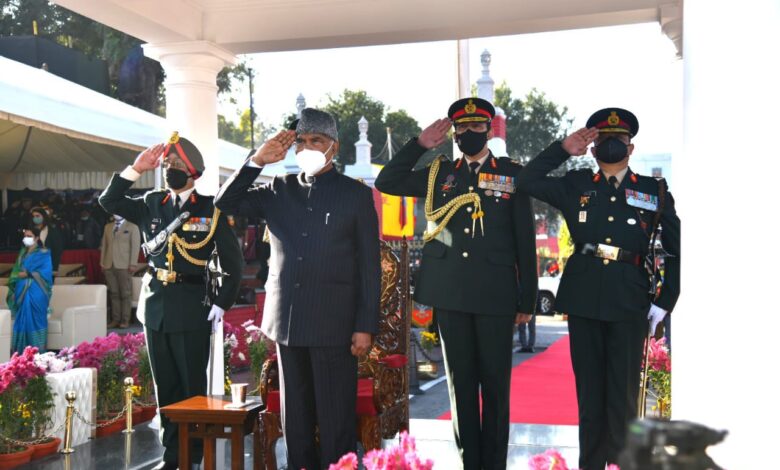 President of India Ramnath Kovind taking salute at the passing out parade at indian Military Academy, Dehradun on Saturday.